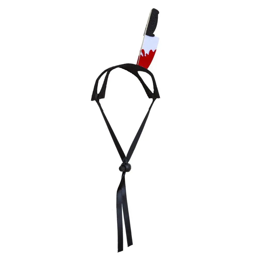 Black pet headband with one long horn, red stripe accent, and ribbon tie