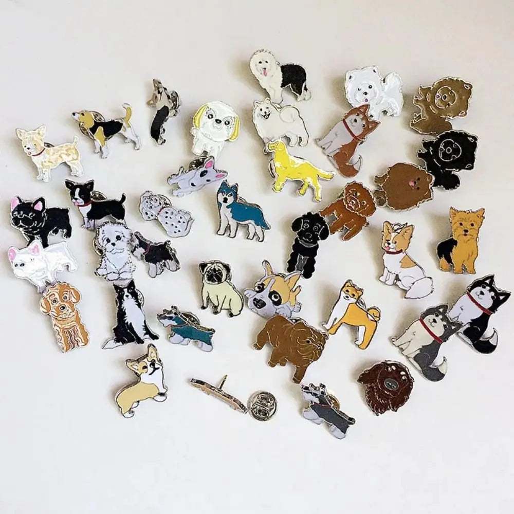 Set of cartoon dog enamel pins in multiple colors and styles
