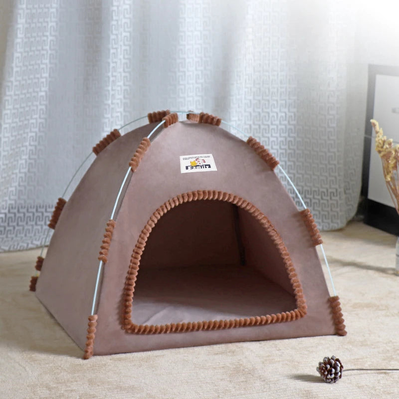 Warm brown cat tent house nest with rounded entrance and padded rope trim