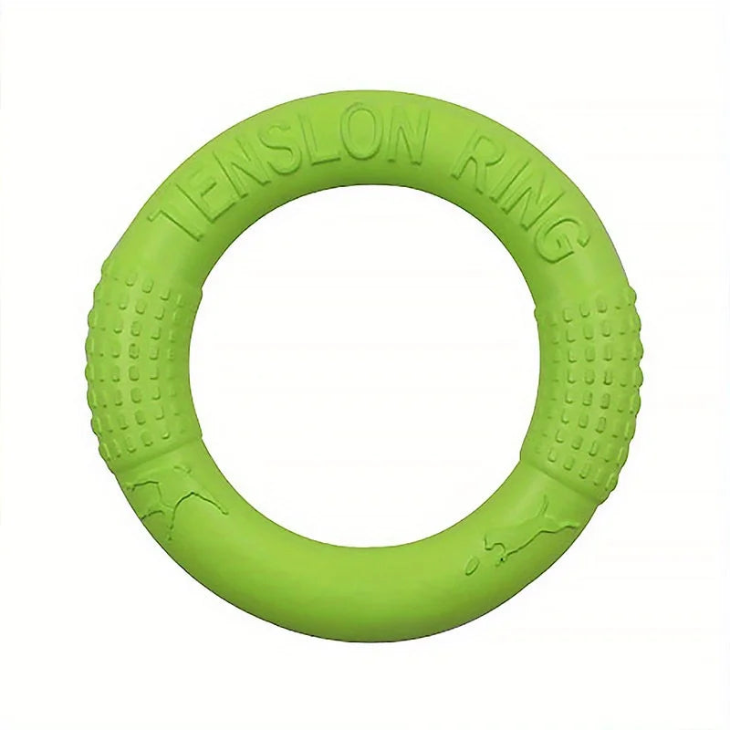 Green rubber dog rally ring with embossed lettering, circular training toy