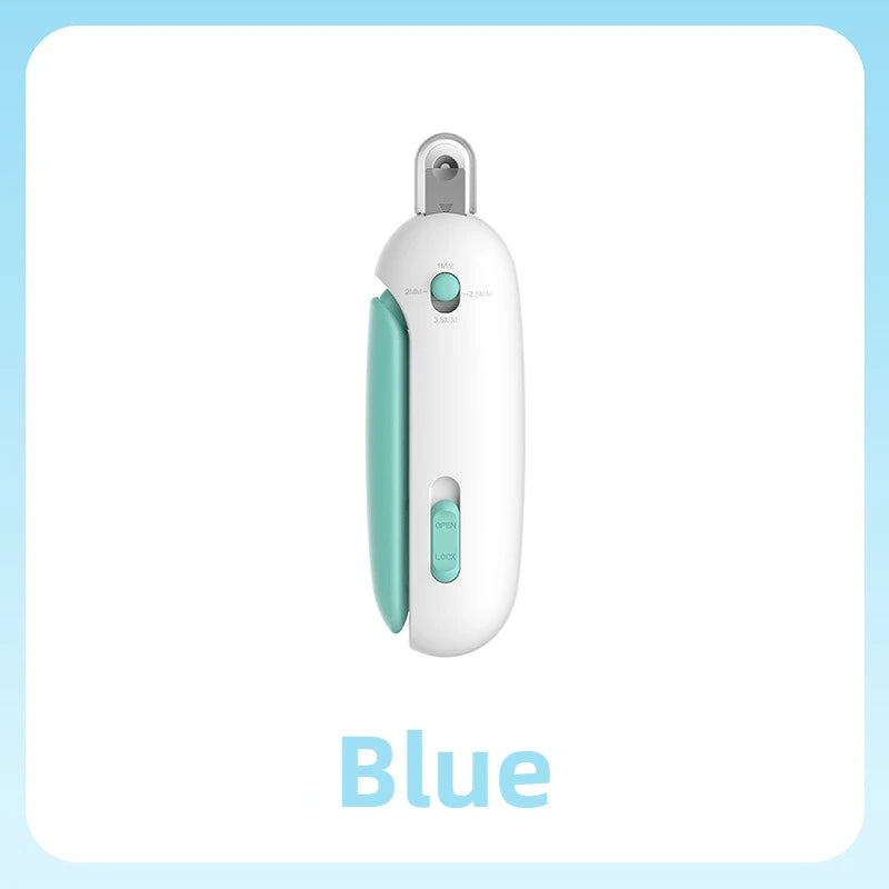Blue and white pet nail clipper with adjustable guard and safety lever
