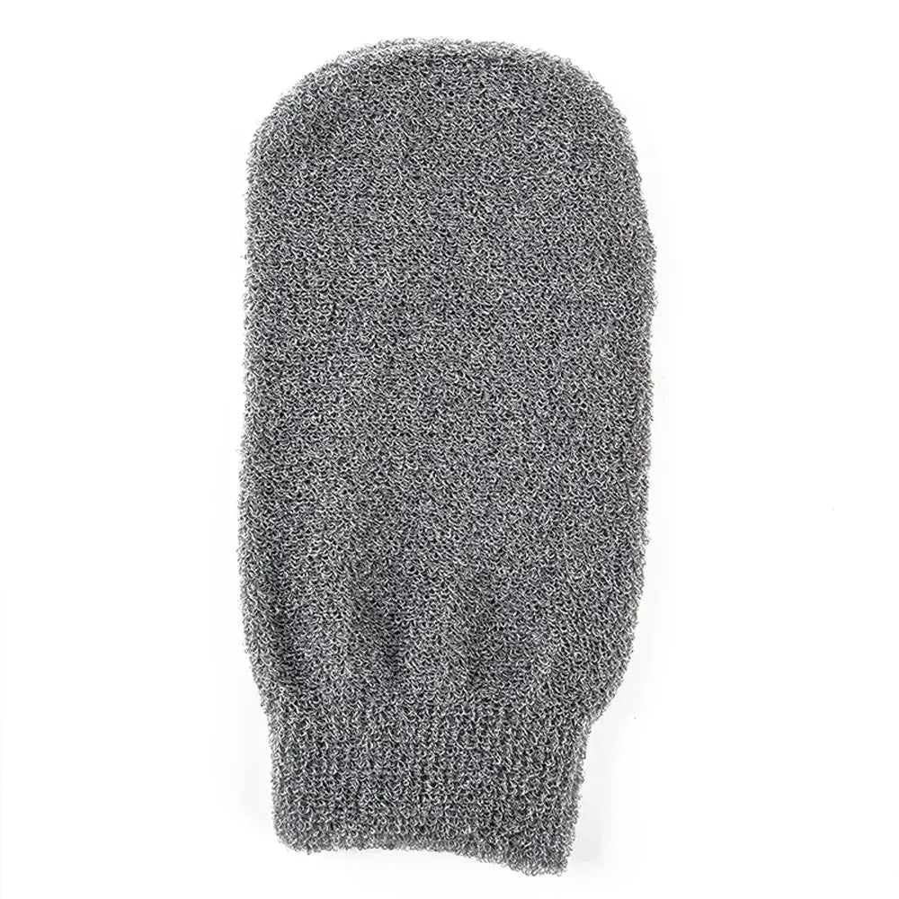 Dark gray exfoliating bath scrub mitt with dense coarse looped texture.