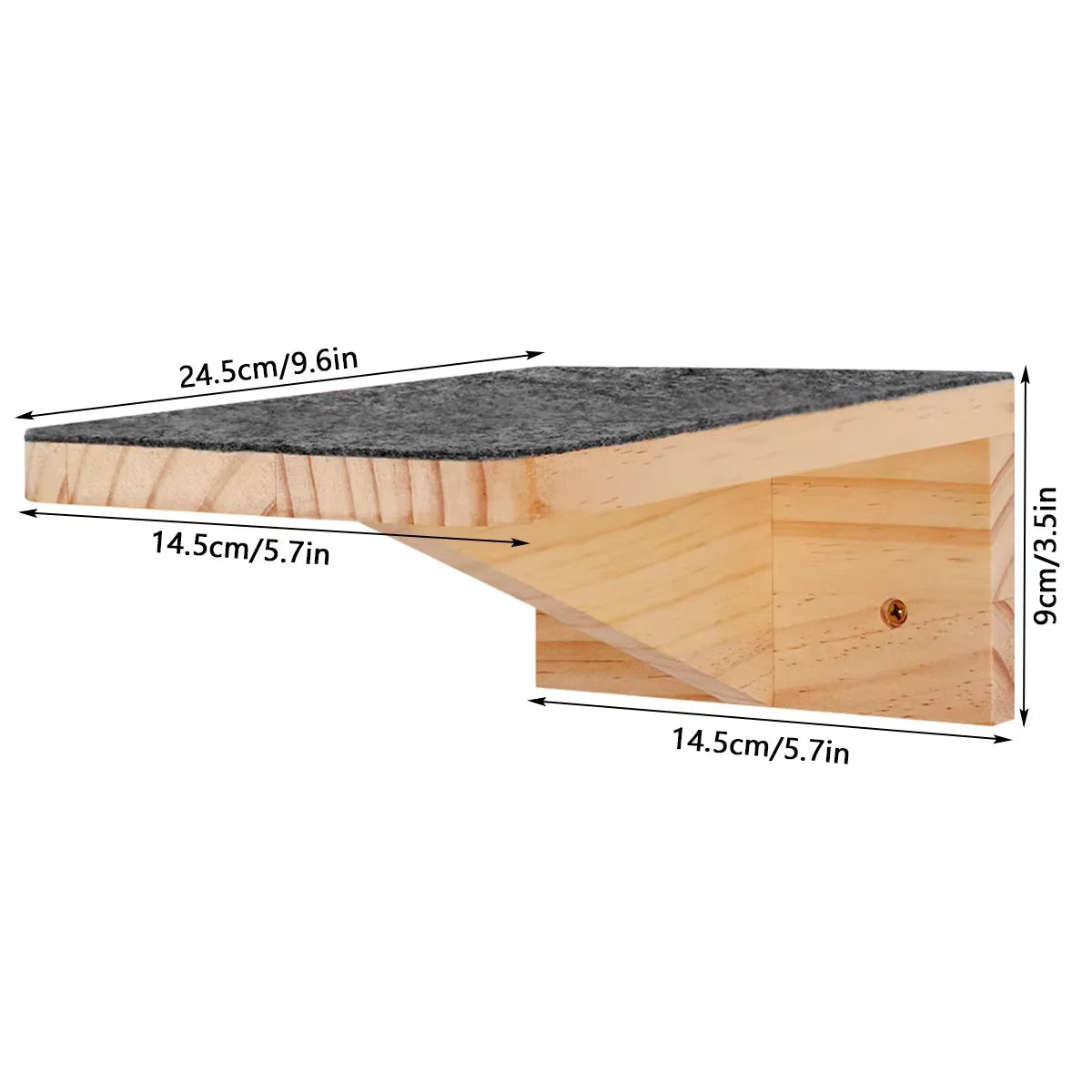 Wall-mounted cat shelf with dark gray cushion pad and light wood back panel
