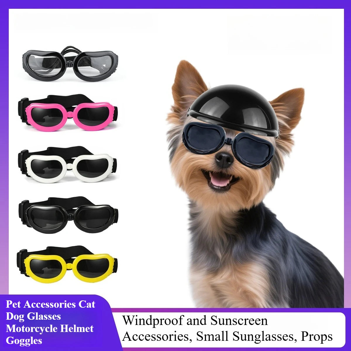 Pet helmet with black cat/dog sunglasses and pink, white, yellow, and black frame options