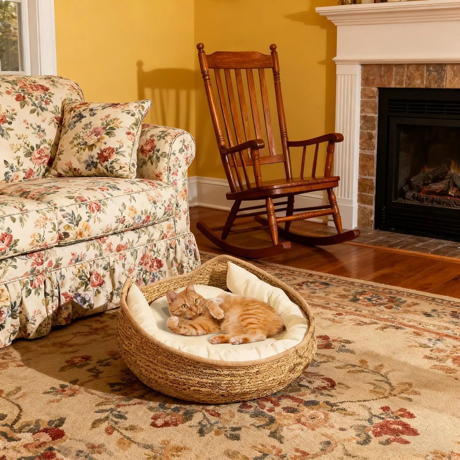 Hand Craft Woven Cat Basket Bed Cushion Pillow Mat