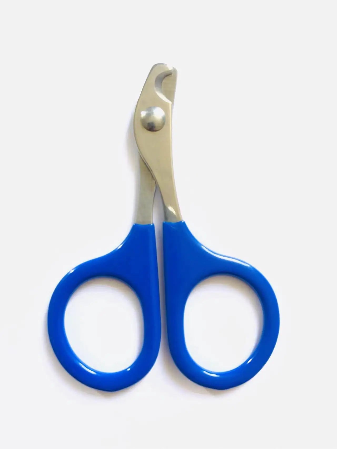 Pet nail clipper scissors with blue handles and silver cutting blades