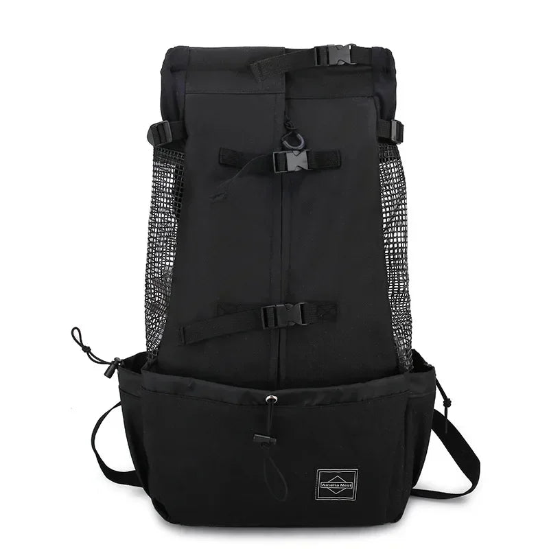 Black dog travel carrier backpack with black mesh side panels and front pouch