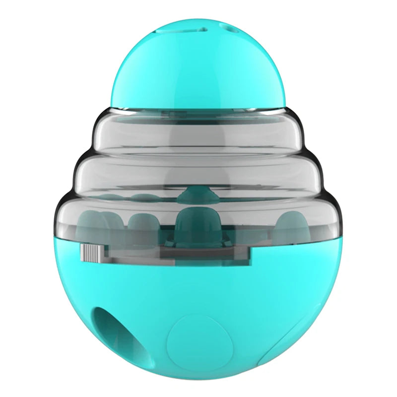 Teal interactive treat dispensing ball with clear stacked chamber and side feeder opening