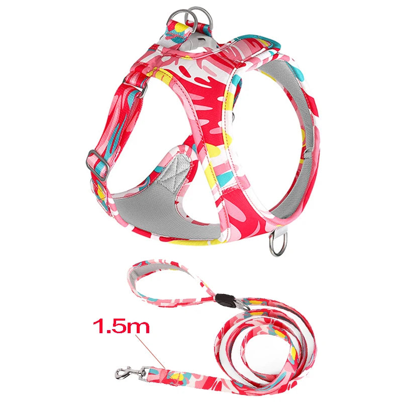 Mesh adjustable dog cat harness vest with red and pink pattern and 1.5m leash
