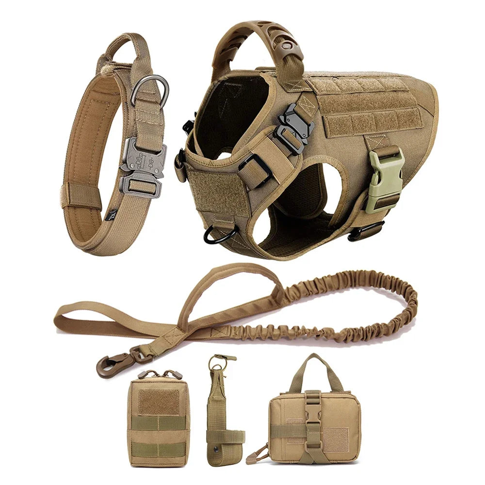 Khaki dog harness with collar, leash, and small storage pouches