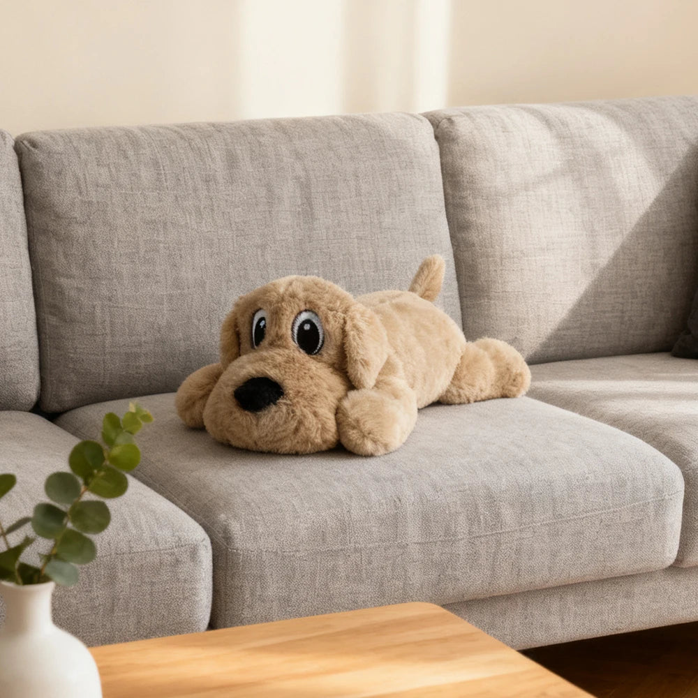 Tan plush dog toy lying on a gray couch cushion with big round eyes