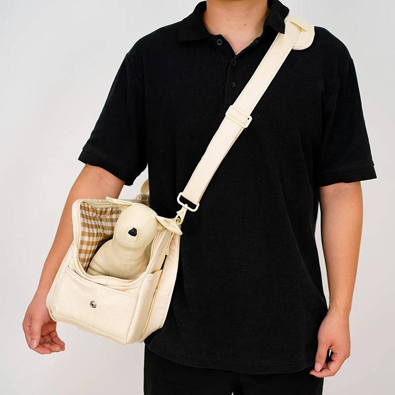 Pet bag belt accessory worn crossbody: cream padded shoulder strap with clips
