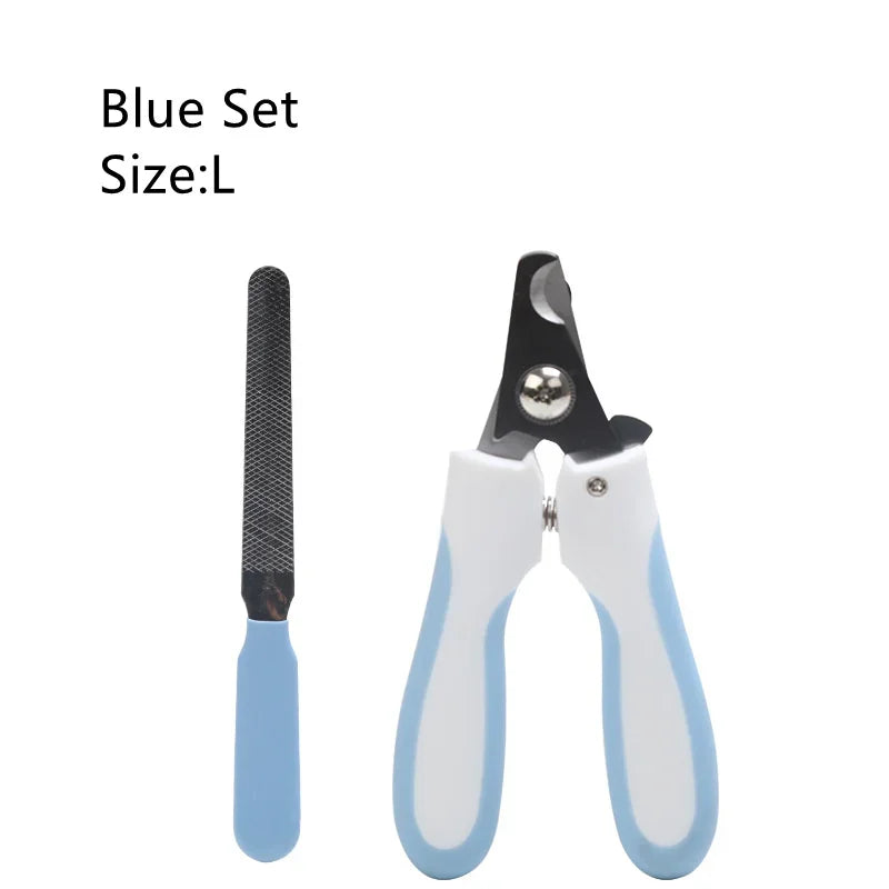 Pet nail clipper set with light blue handles and nail file, size L