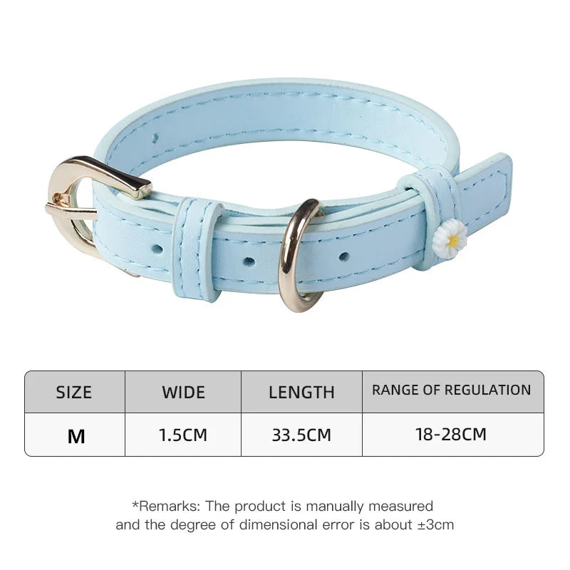 Light blue PU leather pet collar with metal buckle and daisy charm.