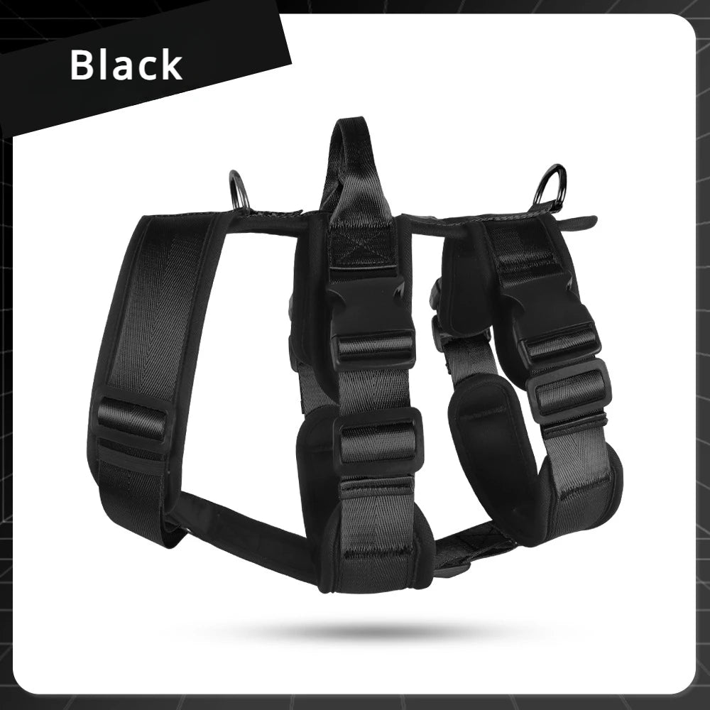 Reflective no-pull dog harness vest in black with front chest panel and straps