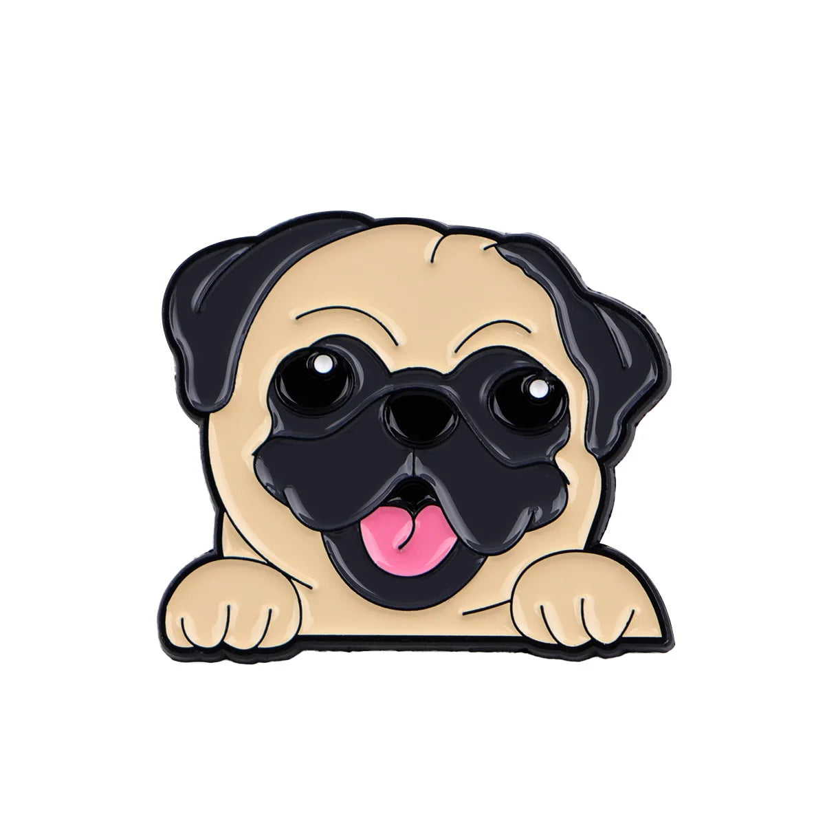 Playful cats & dogs enamel lapel pin of a tan pug face with black sunglasses-style detailing
