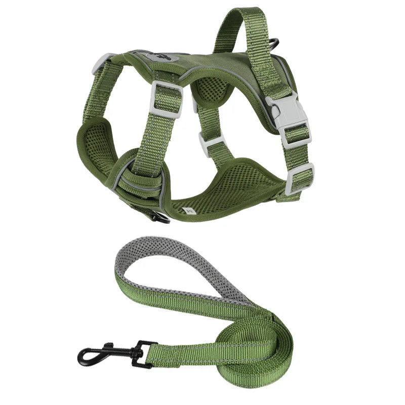 Green adjustable dog harness vest with breathable mesh and matching leash