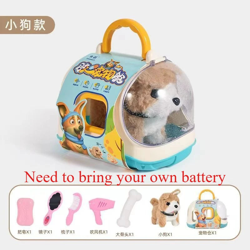 Electric plush pet toy set in clear dome carry case with brown-and-white plush dog