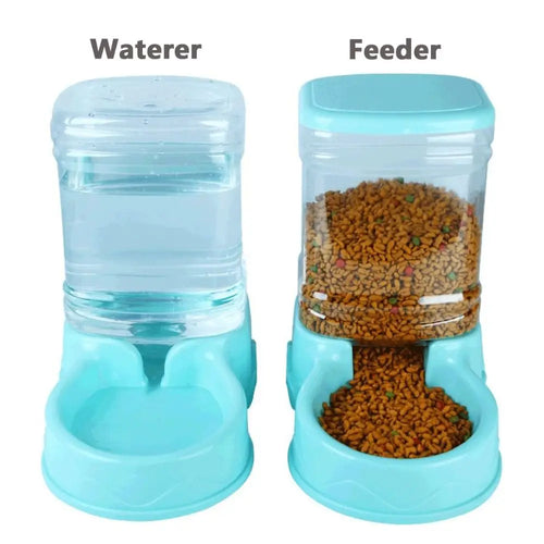 Pet waterer and feeder dispenser, clear stacked reservoir with light blue base and kibble tray