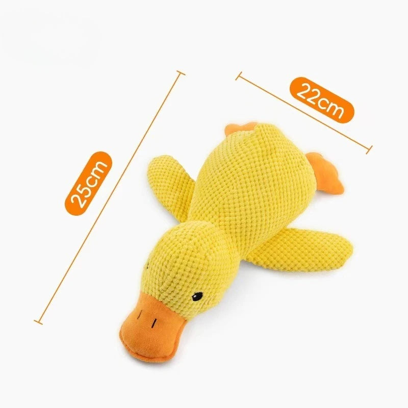 Yellow plush chew toy with orange nose and paws, crocheted texture and white squeaker band