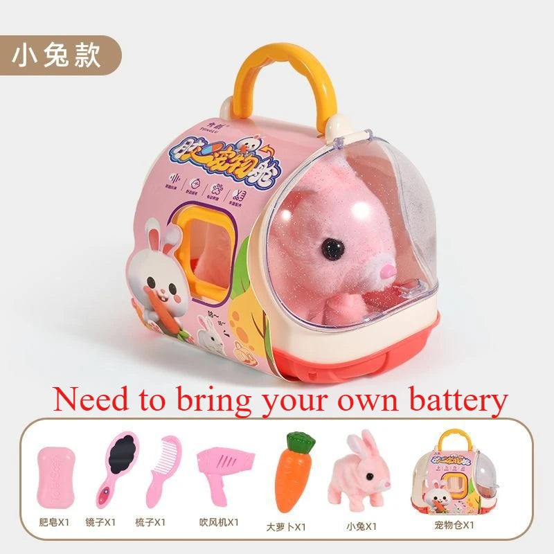 Electric plush pet toy set in clear dome carry case with white-and-pink plush bunny