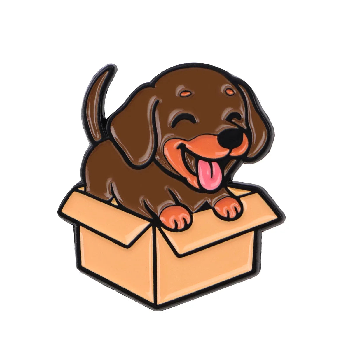 Playful cats & dogs enamel lapel pin of a brown dog in an open gift box