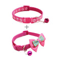 Pink cat collar with paw-print pattern, bow and round bell charm