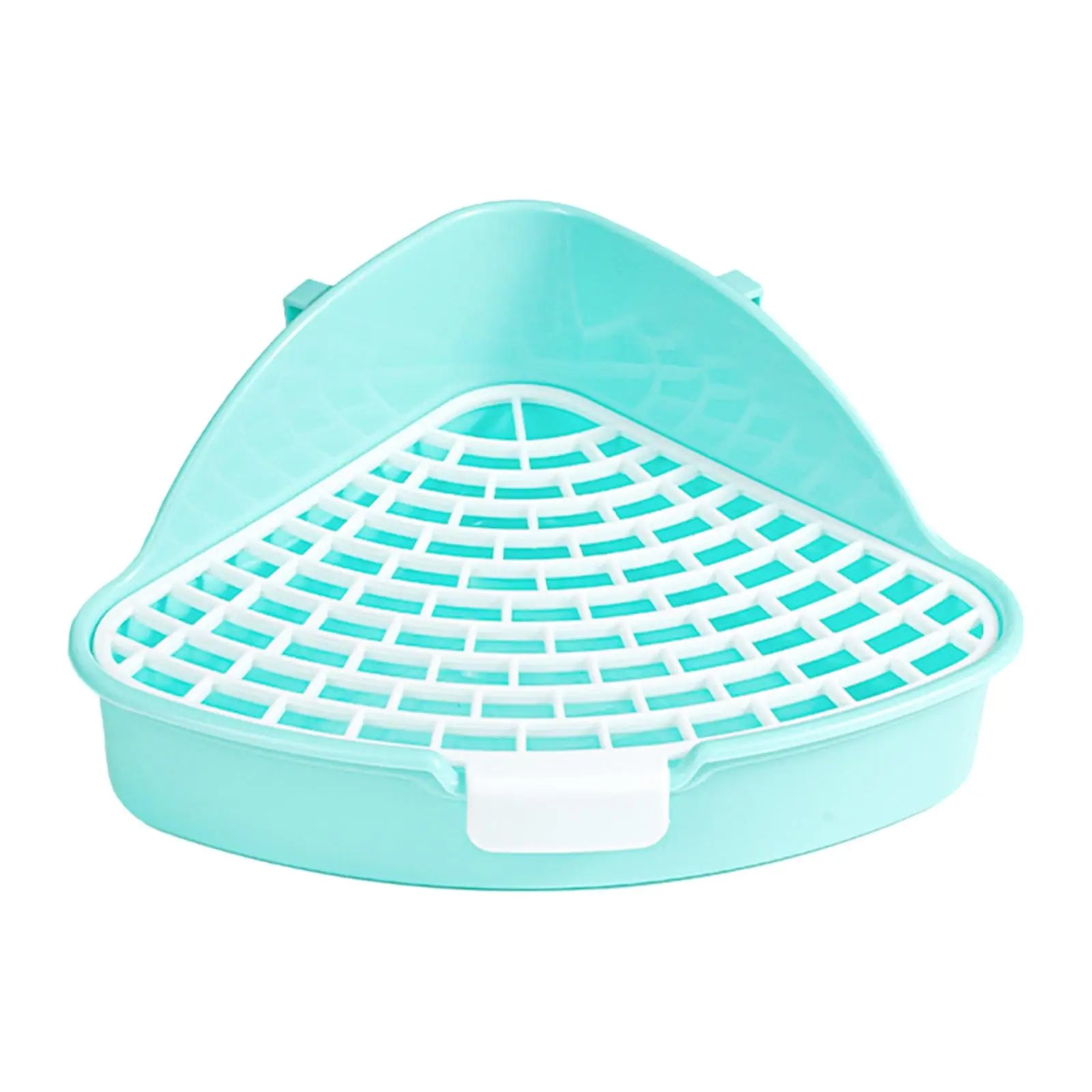Teal small animal litter pan with white raised mesh grid and front scoop handle