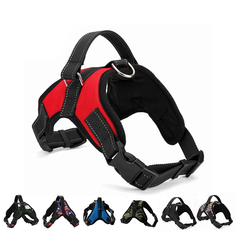 Red and black dog harness vest with quick-release chest strap and metal D-ring