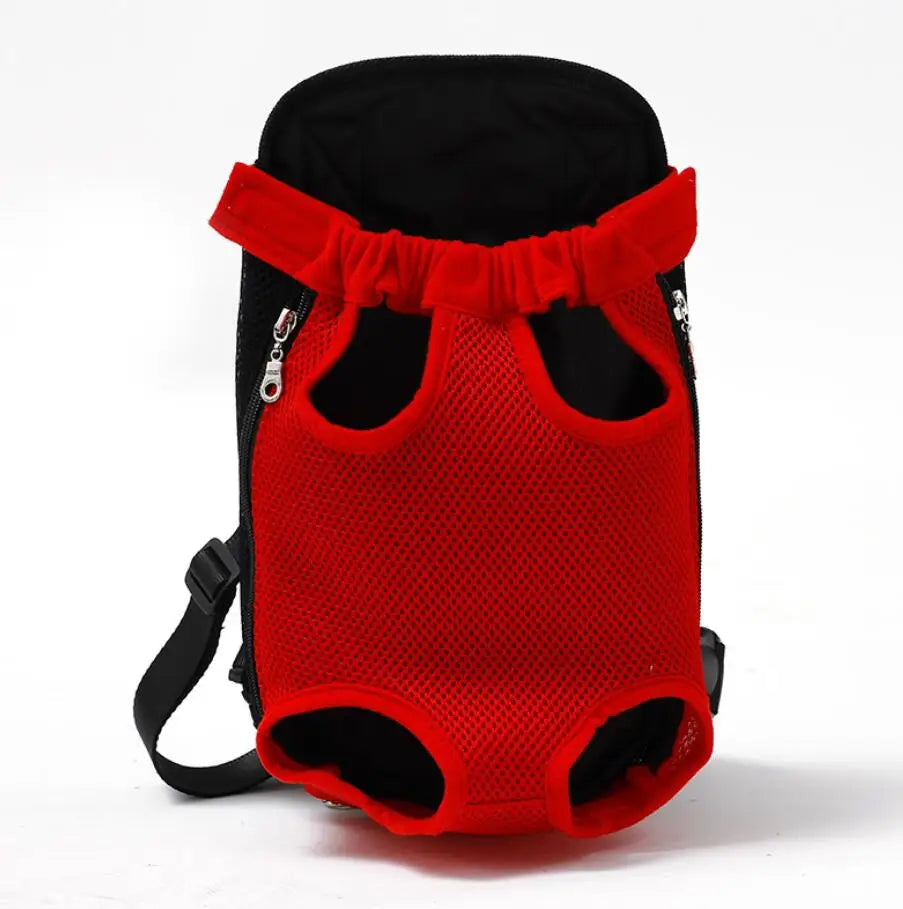 Breathable pet backpack with red mesh front, black top, two side ventilation holes