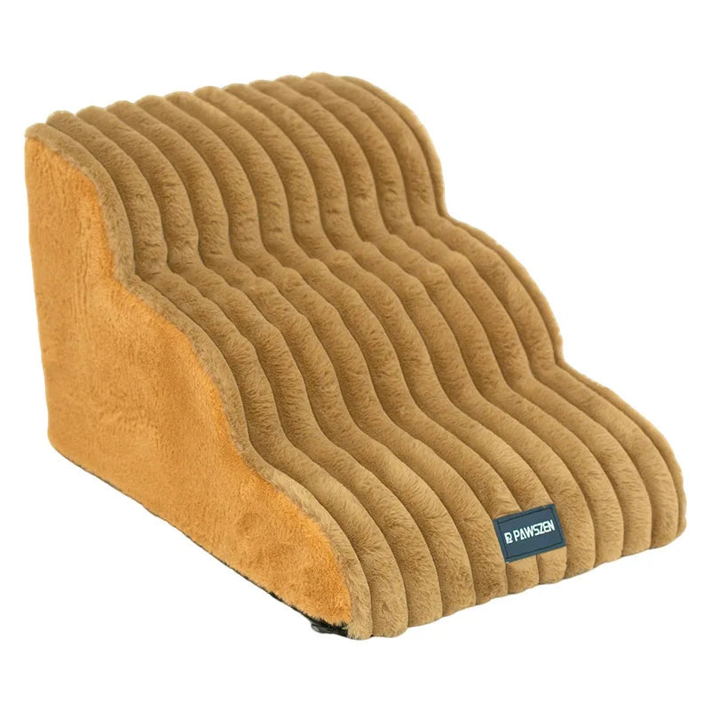 Tan anti-slip foam pet stairs ladder with ribbed steps and rounded side panels