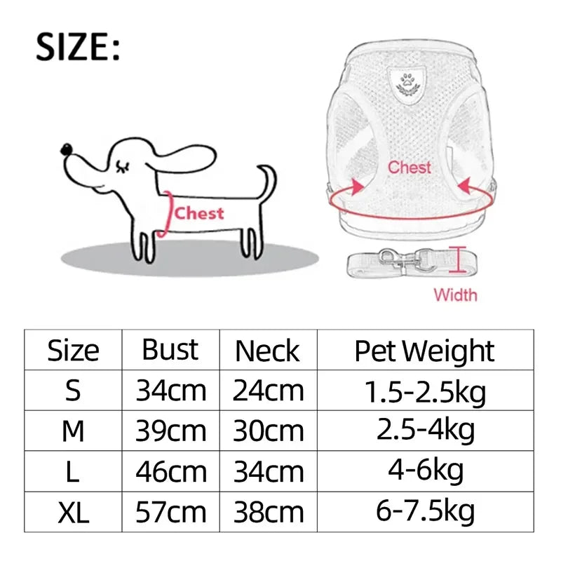 Adjustable cat harness size chart showing chest width and pet weight ranges