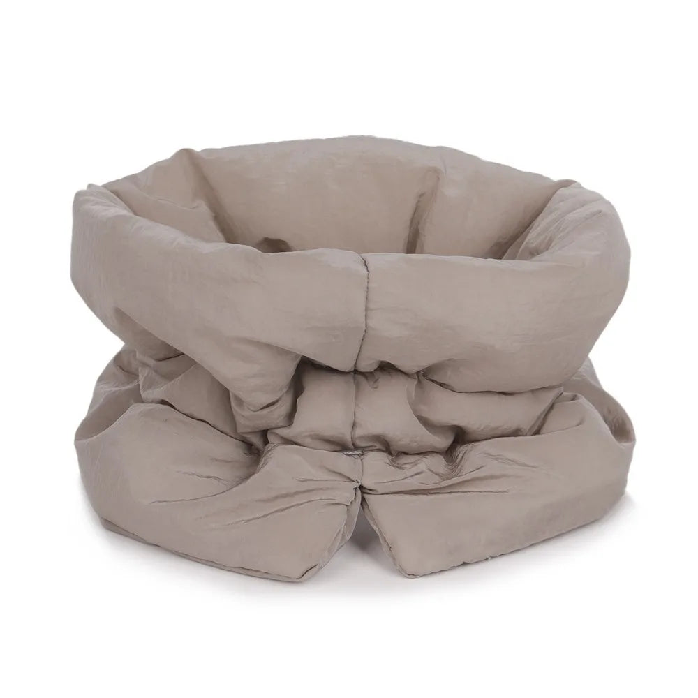 Beige waterproof anti-lick cat recovery collar with padded ruffled wrap and center tie