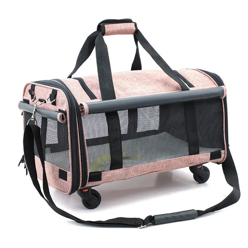 Soft-sided pet carrier bag, gray and black check fabric with rolling wheels and carry straps