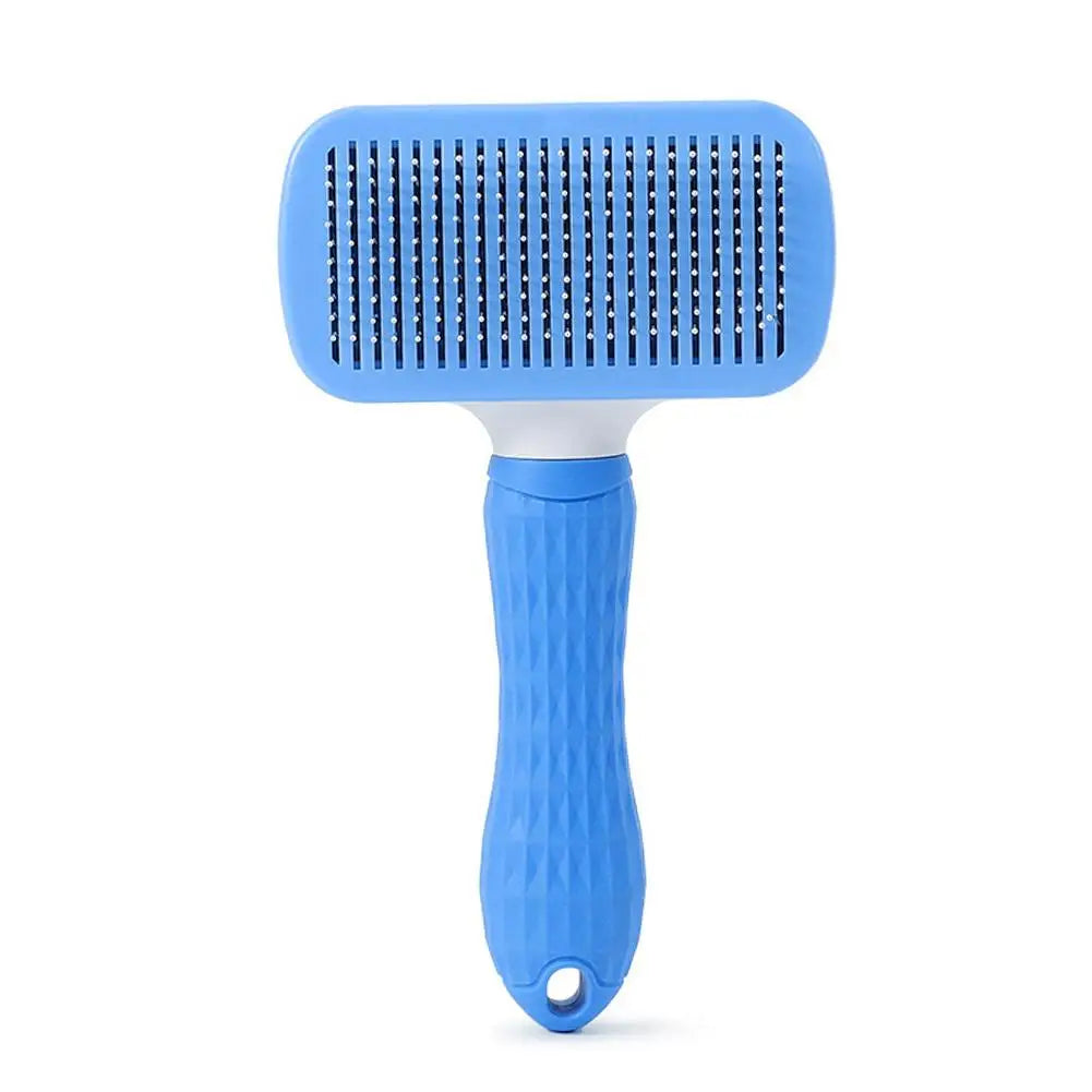 Blue pet grooming brush with pin bristles and textured handle with hanging hole