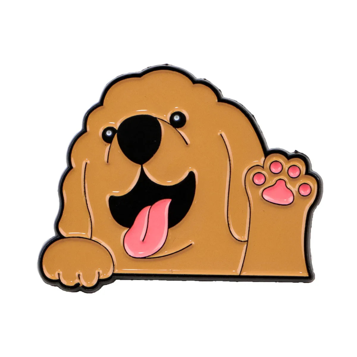 Tan dog enamel lapel pin with tongue out and pink paw-print charm