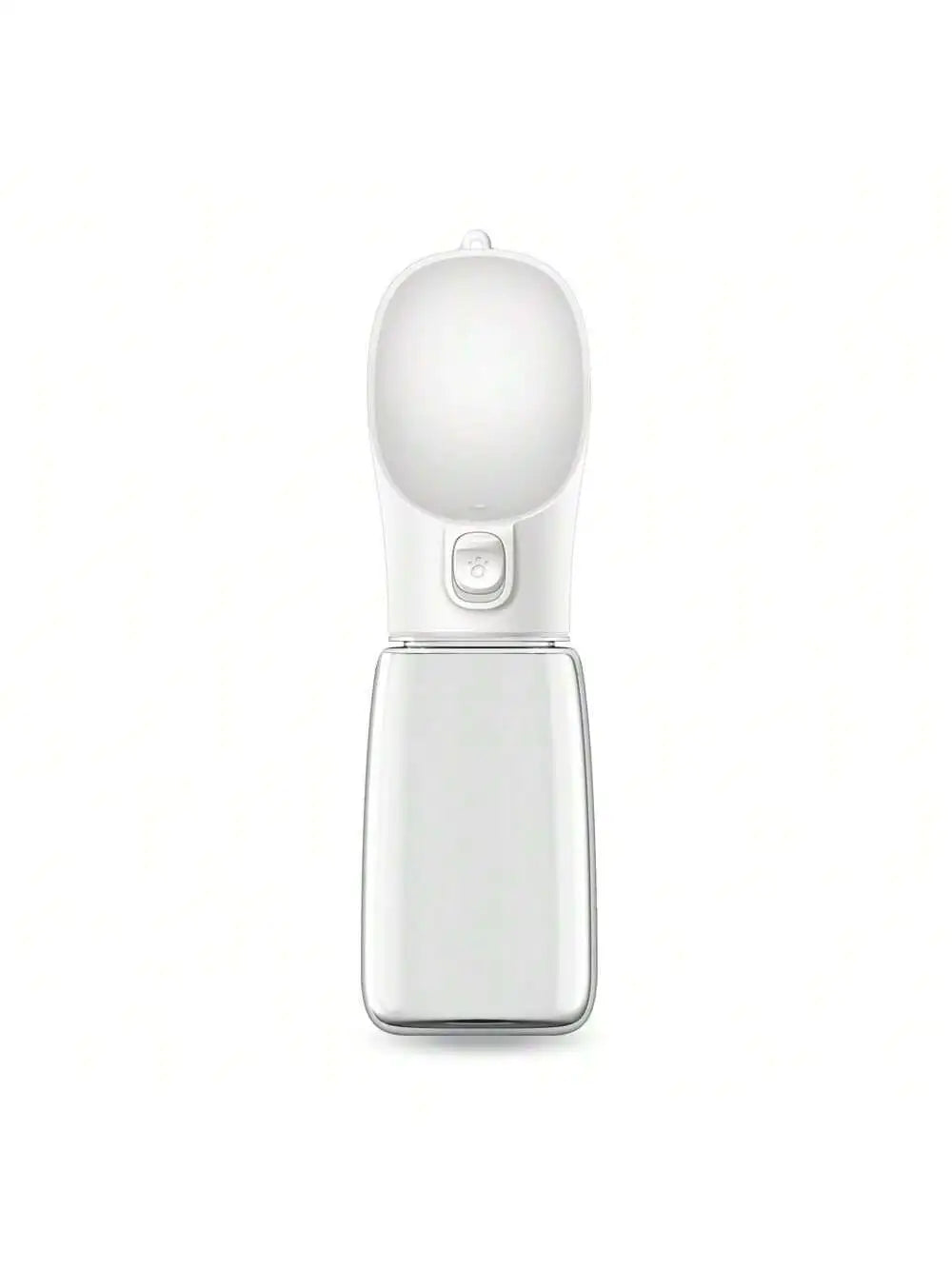 Portable pet water bottle in white with flip-top drinking spout and front control button