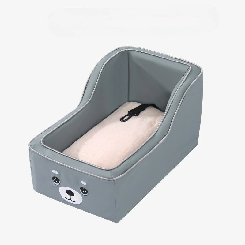 Gray dog car seat travel carrier bed with bear-face panel and padded insert
