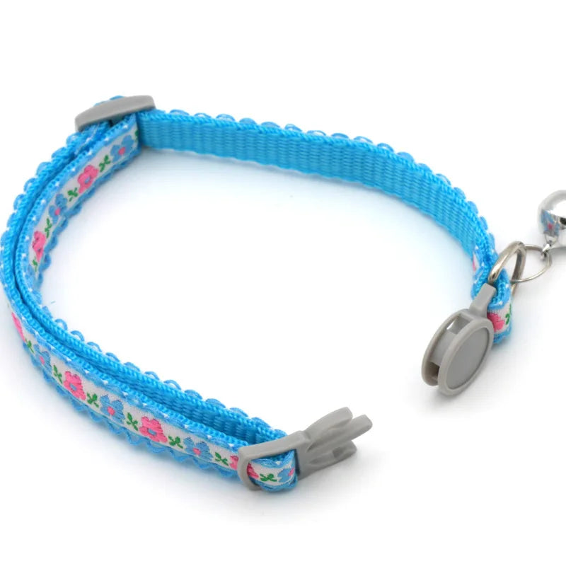 Floral lace cat collar with bell in blue, with gray clasp and floral woven band