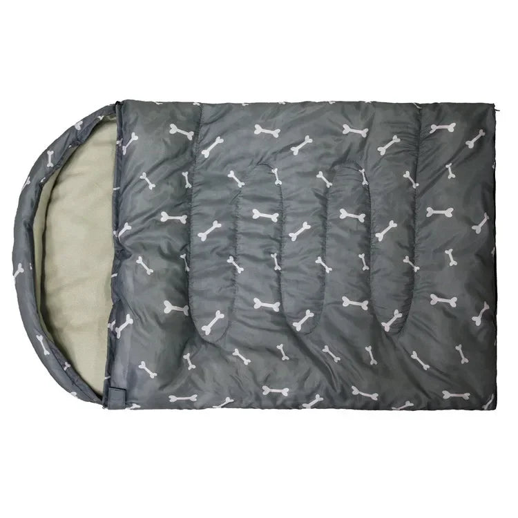 Grey dog sleeping bag bed mat with white bone print, open view with curved edge.