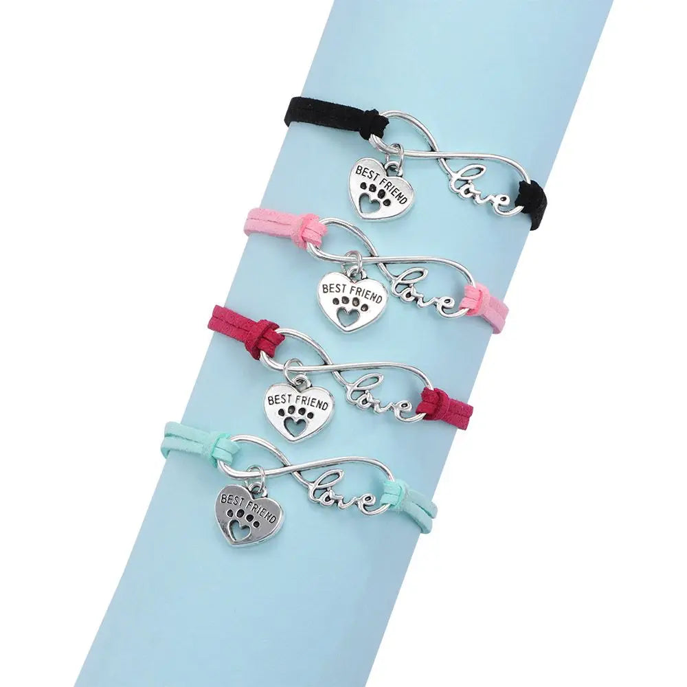 Adjustable pet collars with pink, dark, and mint straps; heart “Best Friend” charms and love bars