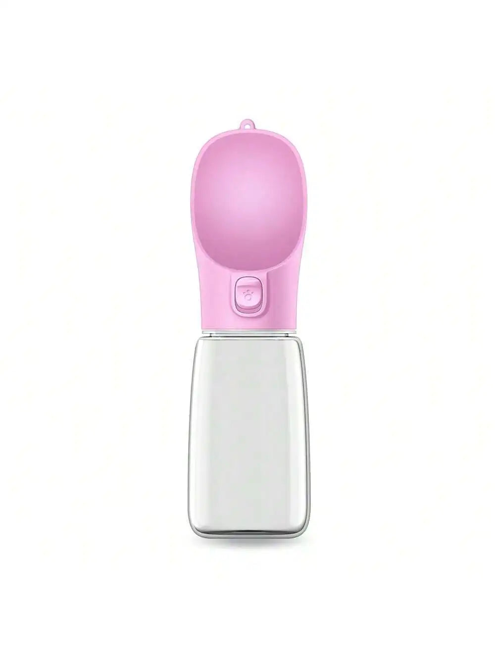 Portable pet water bottle with pink top and clear lower reservoir, push button