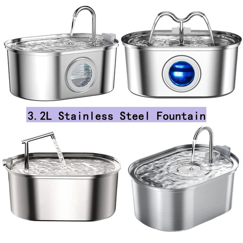 Stainless steel pet water fountain with dual spout and transparent water flow window