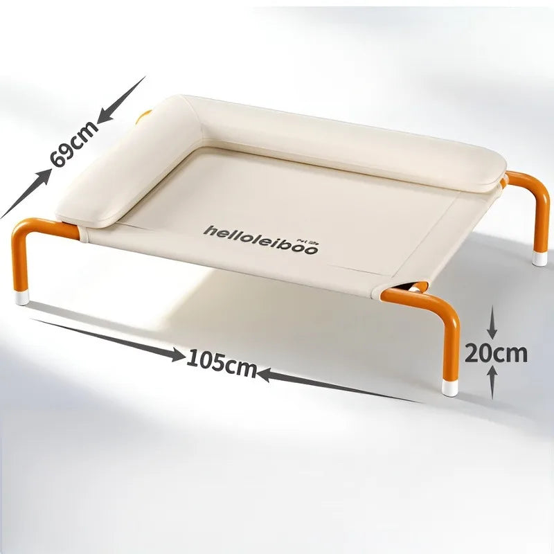 Floating pet bed with removable pillow, cream cushion and orange frame