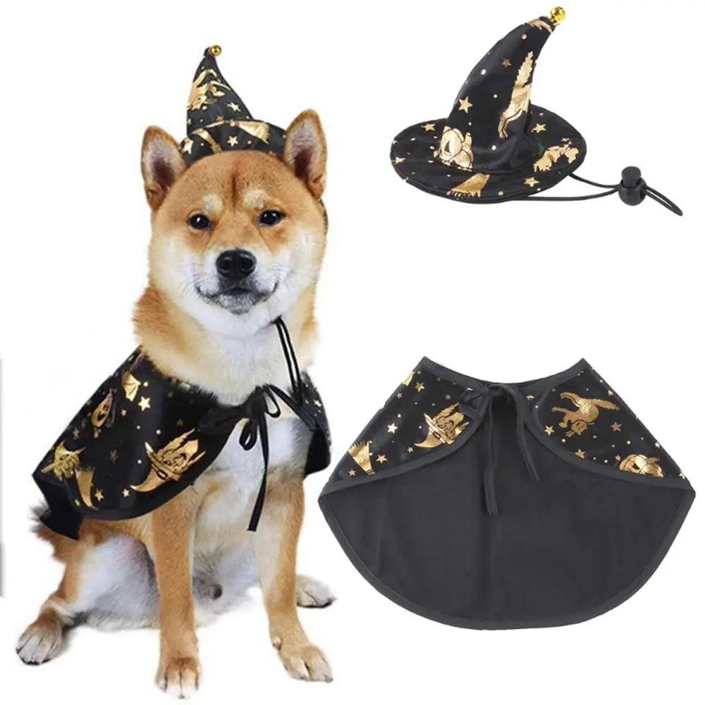 Dog Halloween cloak set: black cape with gold star witch print and bow collar