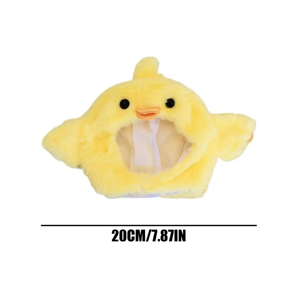 Yellow chick plush costume hat with duckbill face and open hood, front view