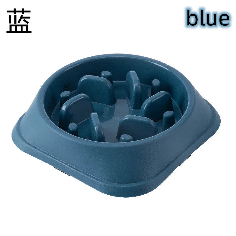 Blue slow-feeding pet bowl with raised anti-choke maze insert