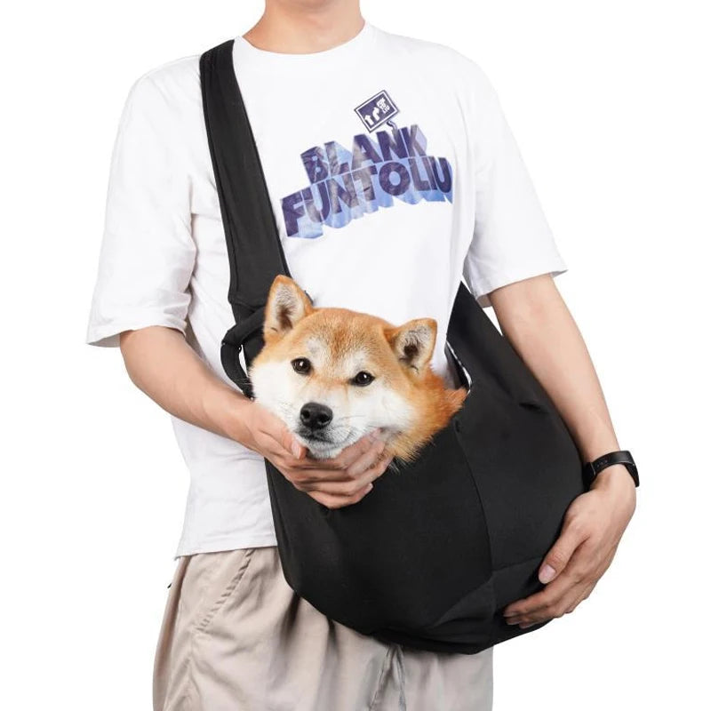 Black pet travel shoulder sling bag with adjustable strap