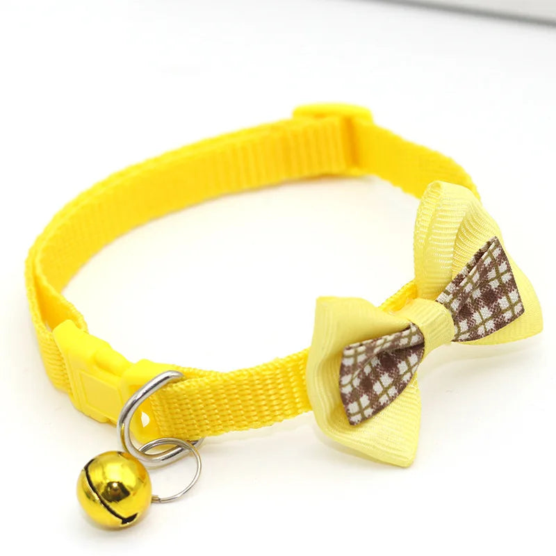 Yellow cat collar with plaid bow tie and round gold bell