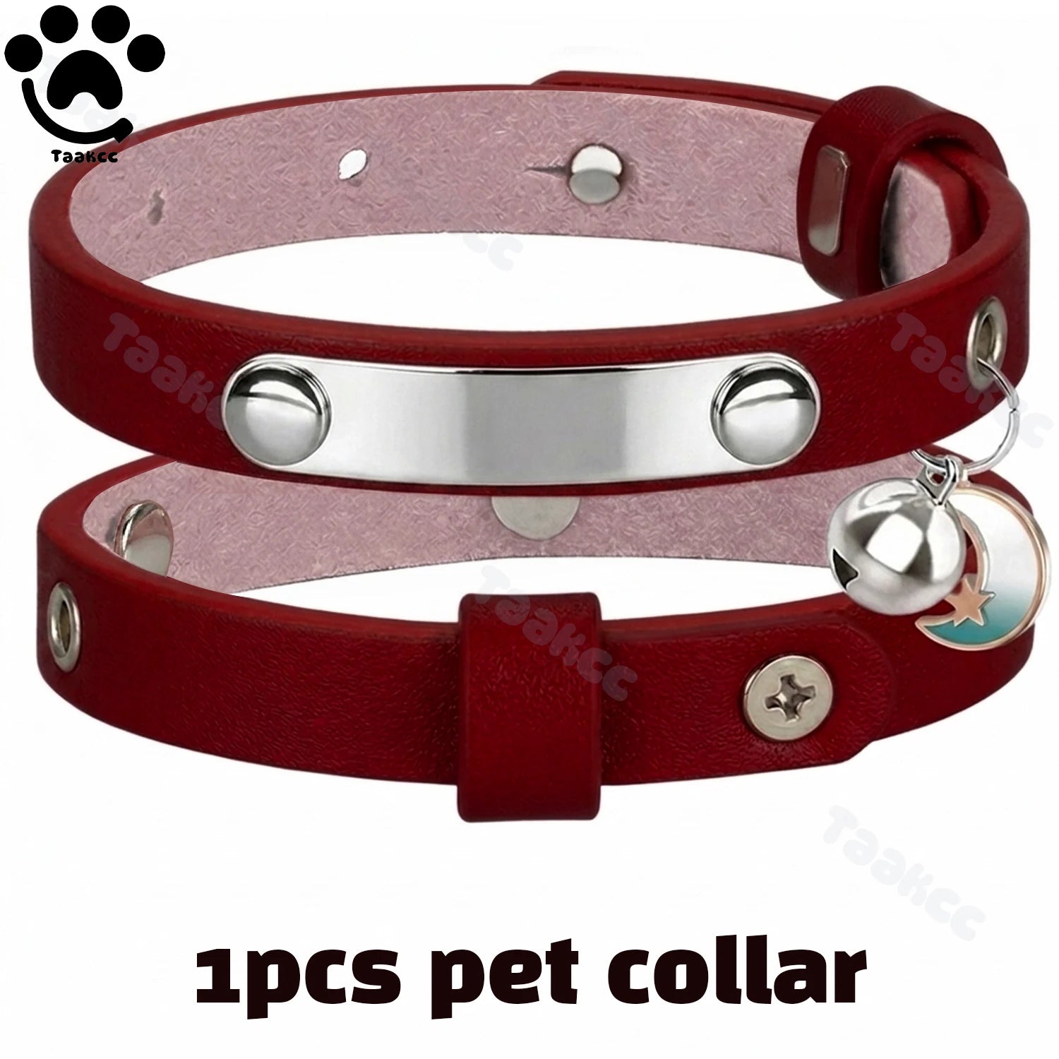 Red leather cat collar with bell and star charm, metal buckle and rivets.